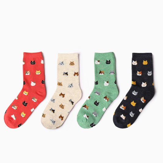 Kawaii Cartoon Cat Print Socks - Cute Cotton Socks for Women