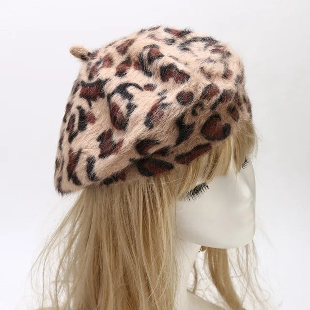 Leopard Print Rabbit Fur Beret - Playful Harajuku Hat