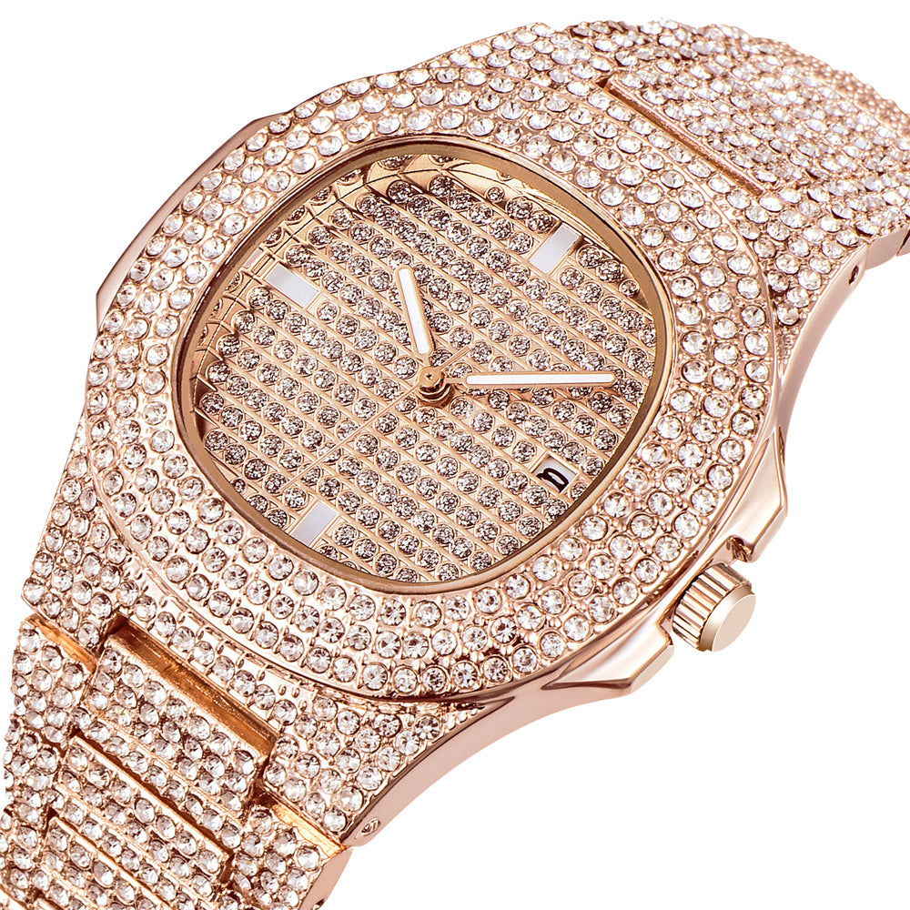 Luxury Diamond Men's Quartz Watch - Gold Stainless Steel