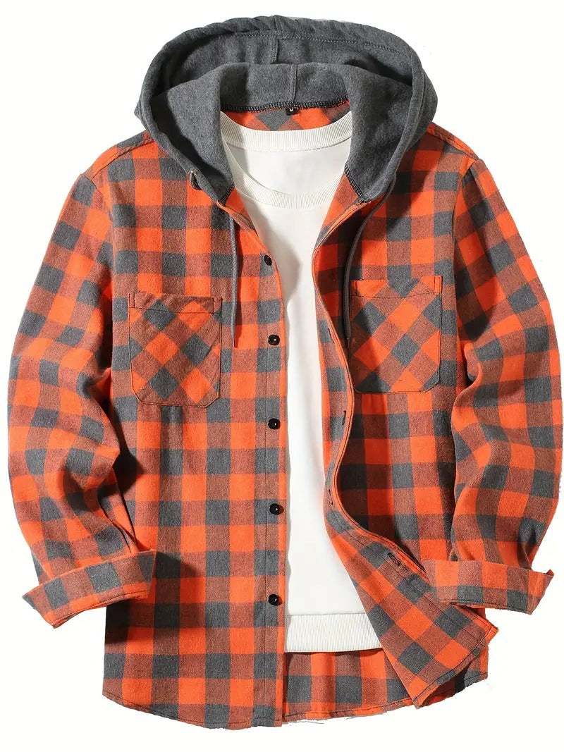 Harajuku Style Plaid Grid Hooded Shirt for Men