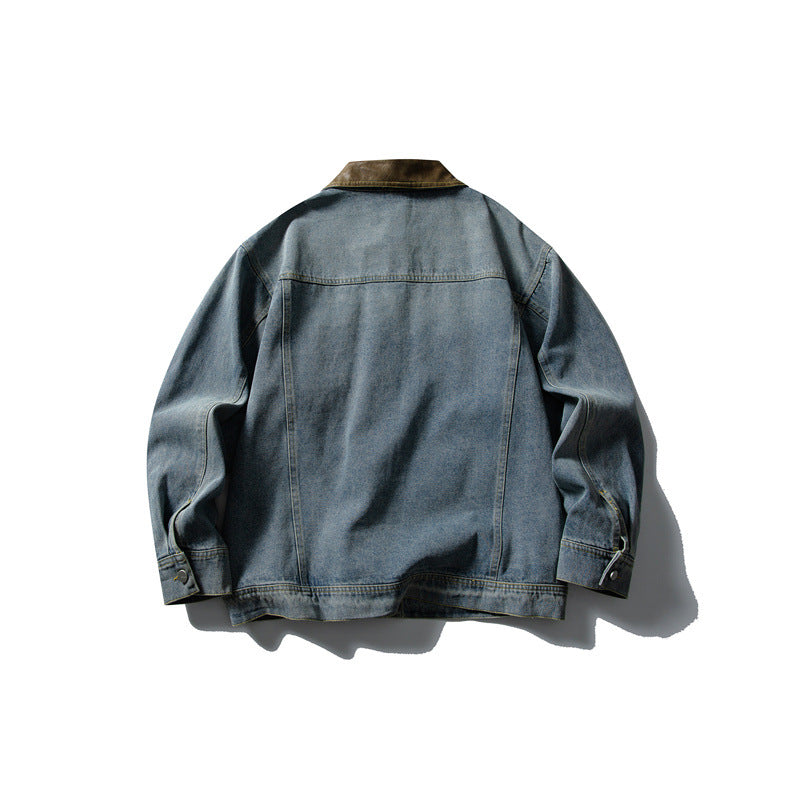 Block Turn-Down Collar Denim Jacket
