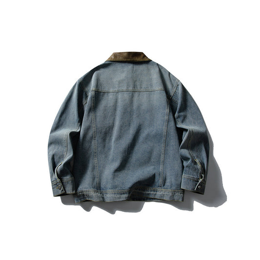 Block Turn-Down Collar Denim Jacket