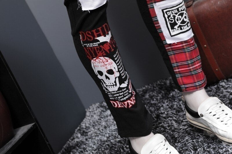 Harajuku Style Black Split Joint Holes Patch Jeans for Men