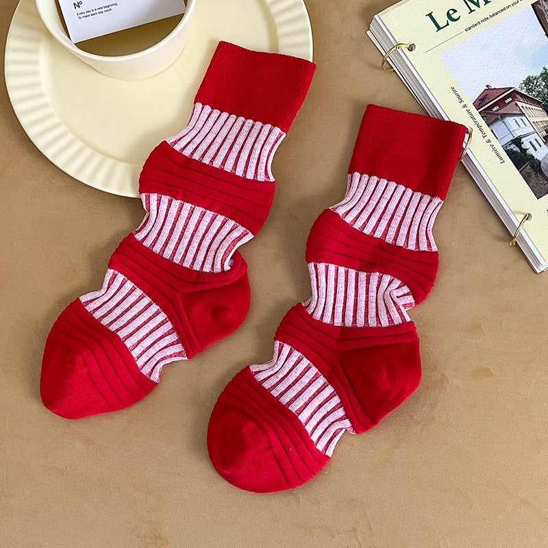 Harajuku Style Pleated Mid-Tube Socks - Contrast Color Cotton