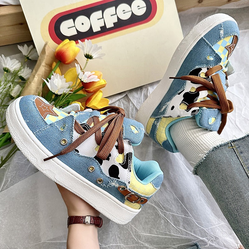 Harajuku Cow Pattern Denim Canvas Shoes