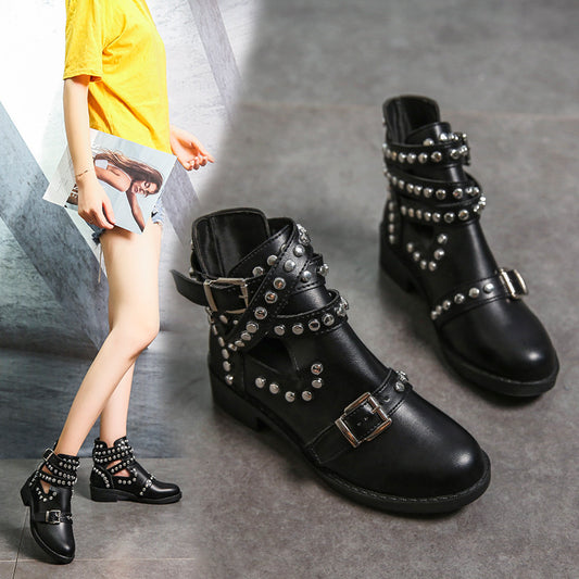 Trendy Round Head Rivet Buckle Boots for Women