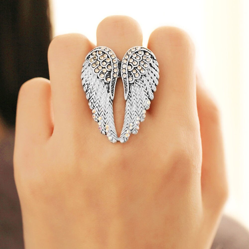 Angel Wings Stretch Ring - Antique Gold Biker Bling for Women