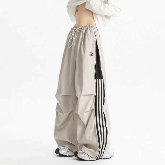 Loose Curved Knife Pants with Zipper & Striped Details