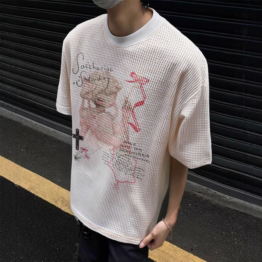 Cartoon Print Loose Fit Knit T-Shirt for Men