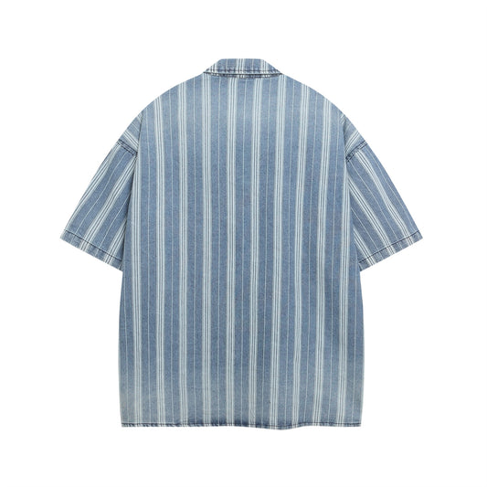 Retro Washed Letter Embroidered Striped Denim Shirt