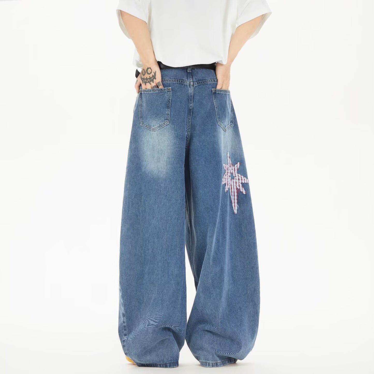 Retro Star Patch Embroidered Denim Wide Leg Pants