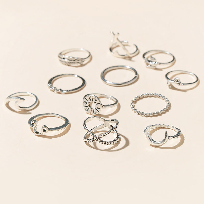 Vintage Moon Feather Geometric Ring Set - 12 Piece