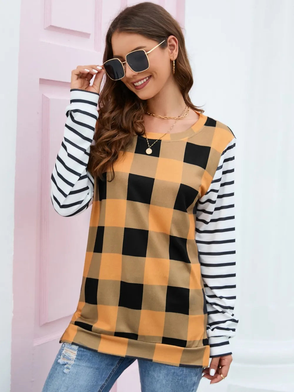 Harajuku Style Plaid Striped Round Neck Long Sleeve T-Shirt