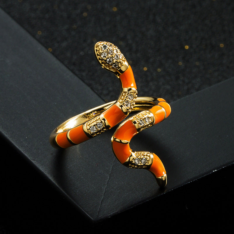 Harajuku Style Copper Gold Plated Zircon Drip Oil Snake Ring