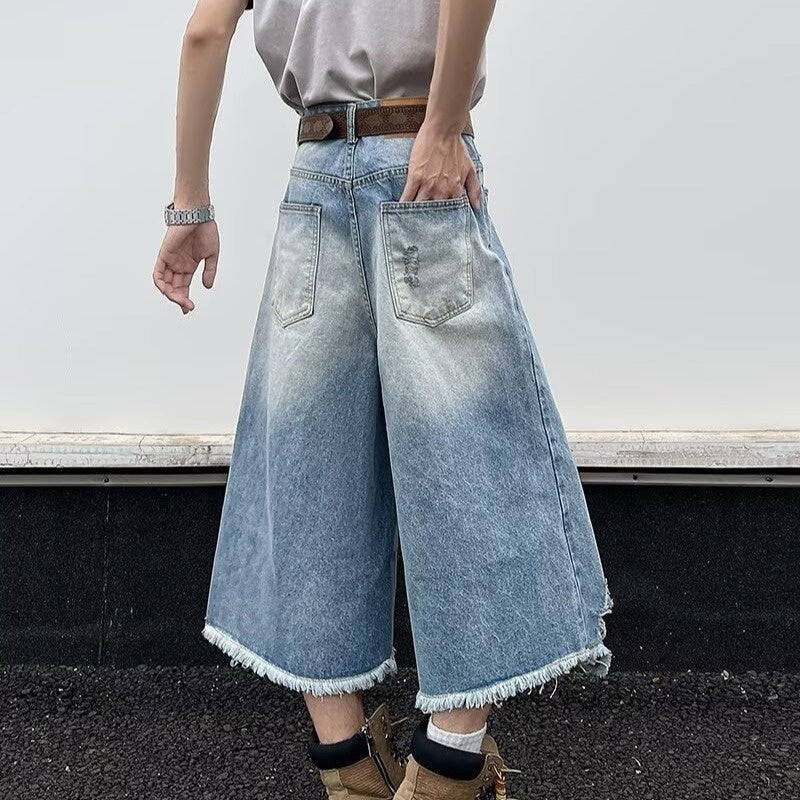 Ripped Denim Cropped Wide Leg Pants