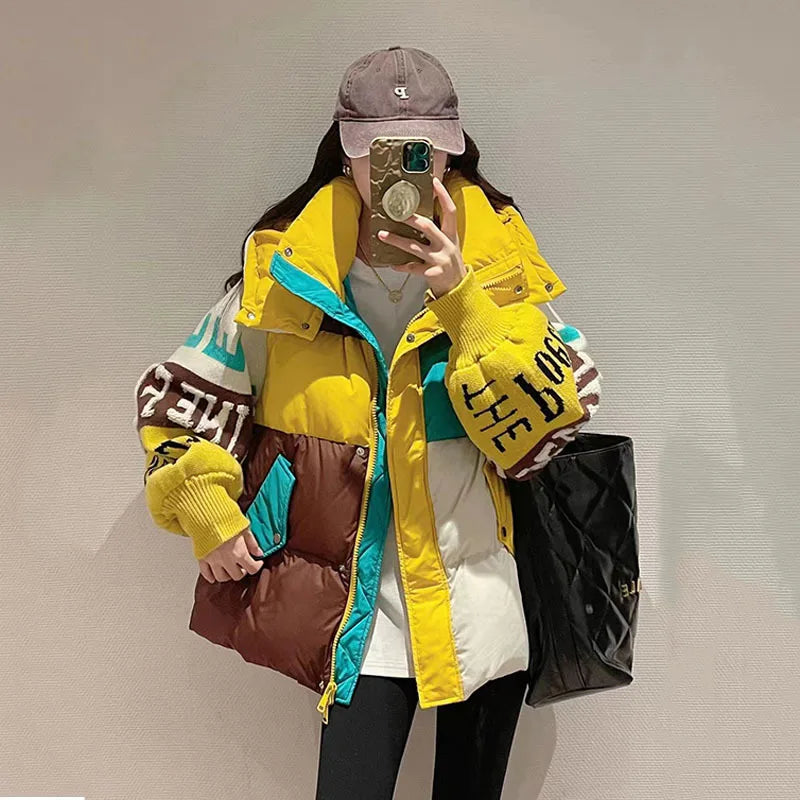 Harajuku Style Letter Stitched Down Jacket for Women