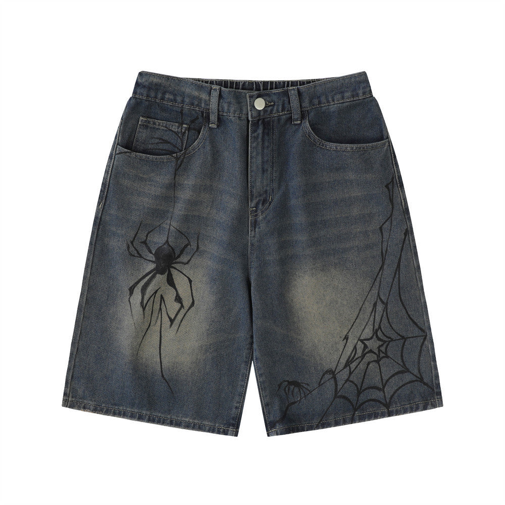 Unique Spider Print Denim Shorts for Men - Harajuku Style
