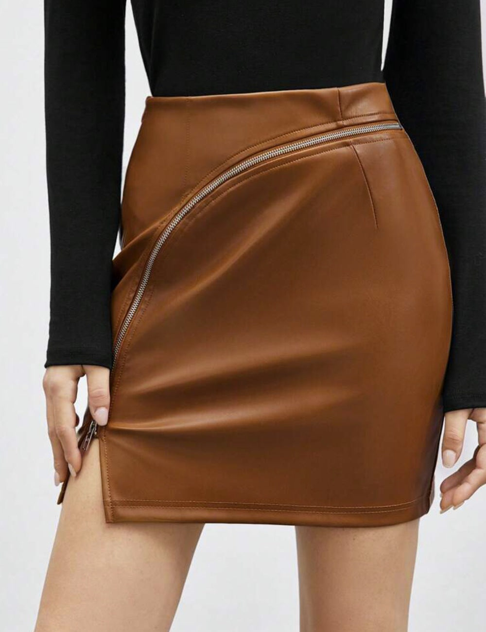 Splicing Zipper Slit Solid Color Women's Versatile Skirt