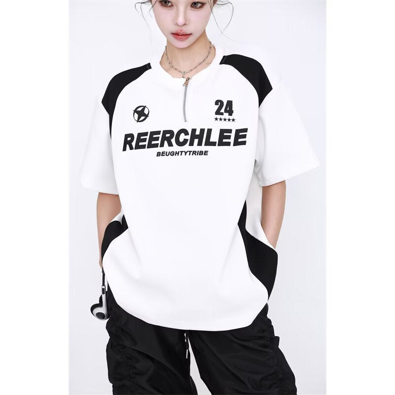Black and White Spliced Letter Half-Zipper Motorcycle Shirt