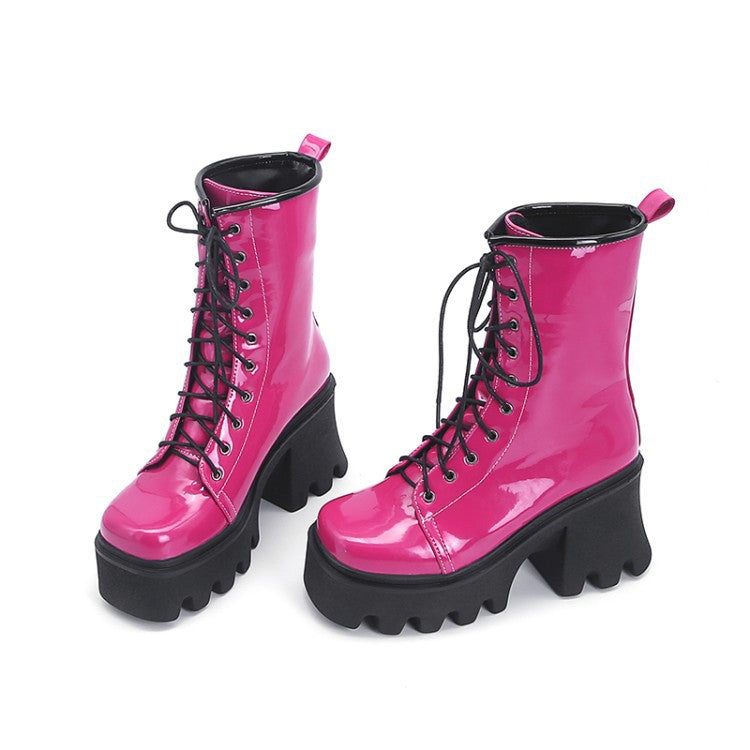 Harajuku-Inspired Thick Heel Lace-Up Short Boots
