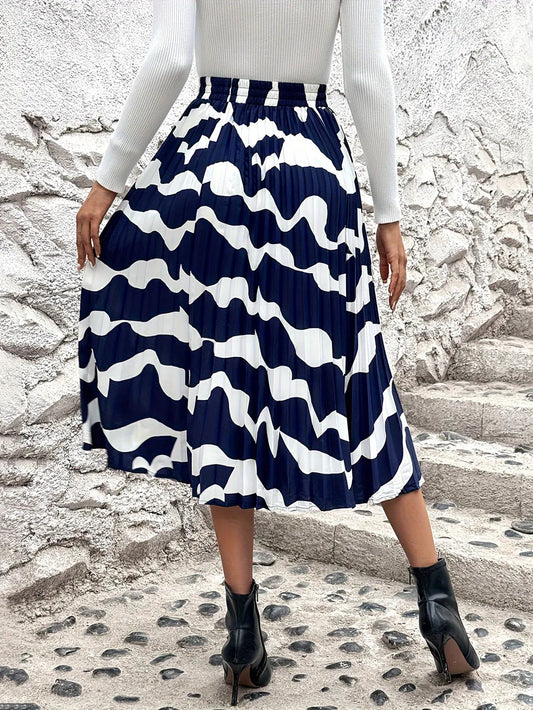 Playful Pleated Printed Elastic Waist Skirt
