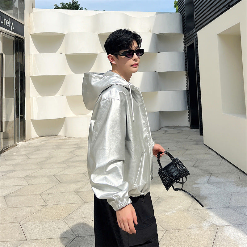 Oversized Waterproof Silver PU Leather Jacket for Men