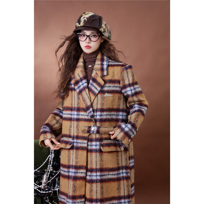 Playful Plaid Woolen Coat for Women - Harajuku Style