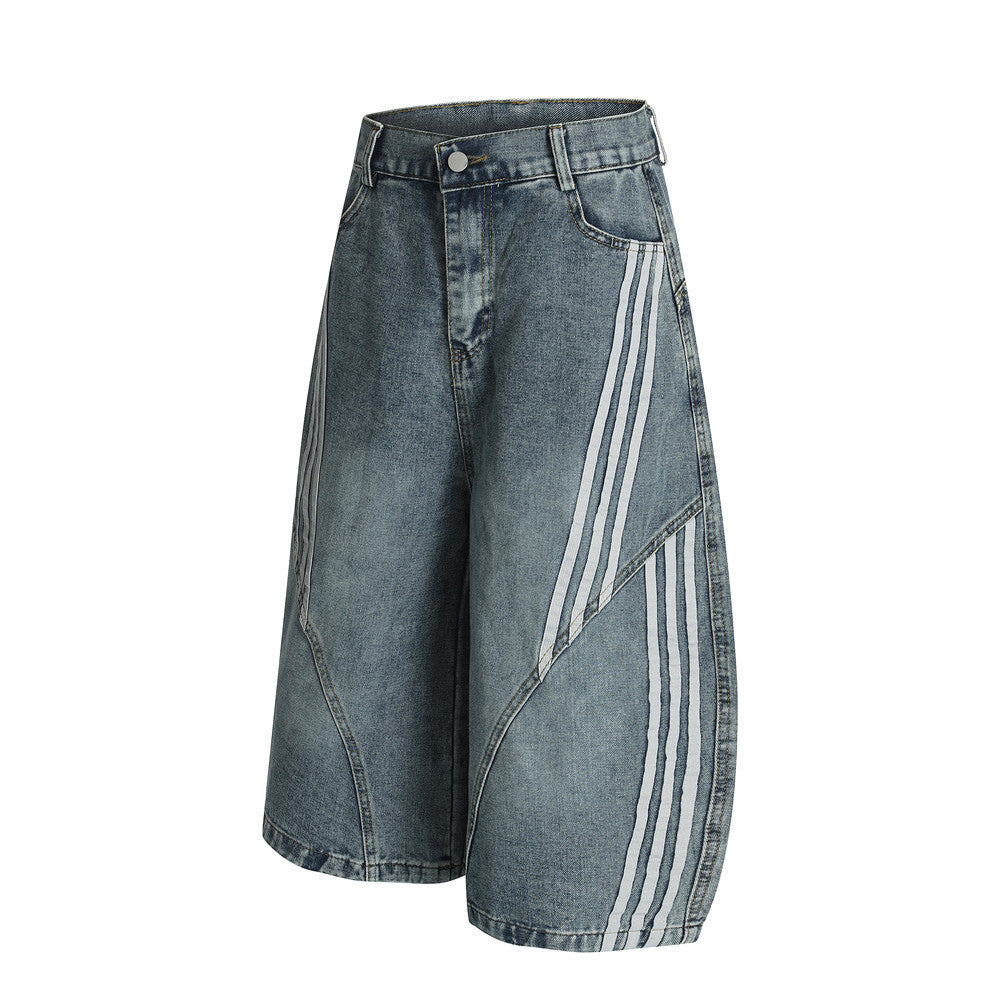 Three-Stripe Curved Knife Denim Shorts - Harajuku Style