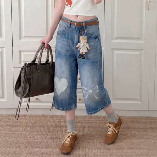 Harajuku Design Jeans Washed Bleached Loose Straight Leg Drape Wide Leg Pants - XGN-D112 Blue