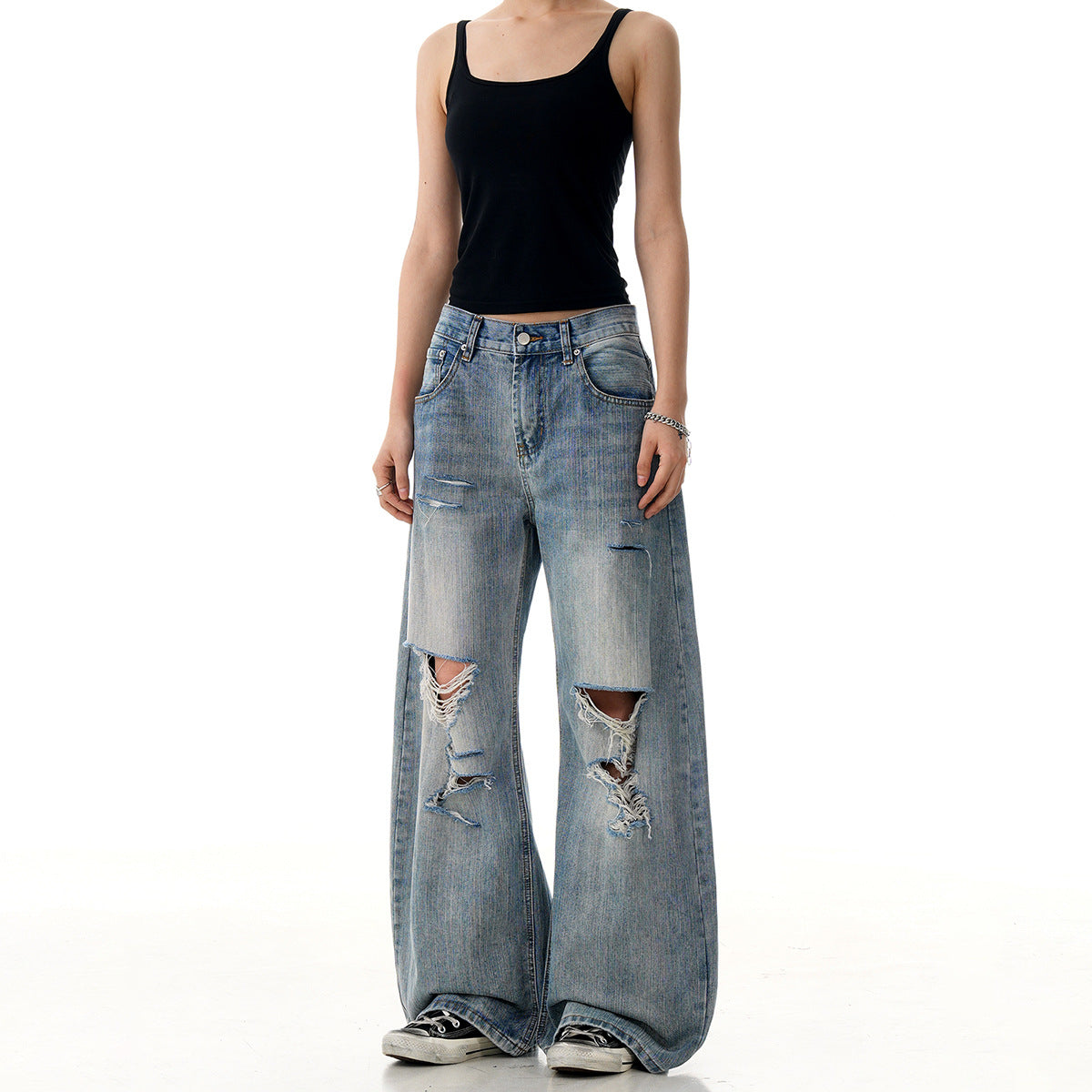 Vintage Ripped Denim Straight Leg Knife Pants