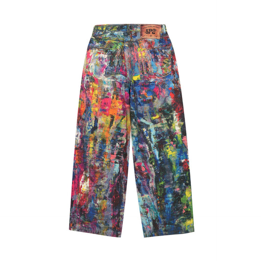 Retro Illusion Print Wide-Leg Jeans