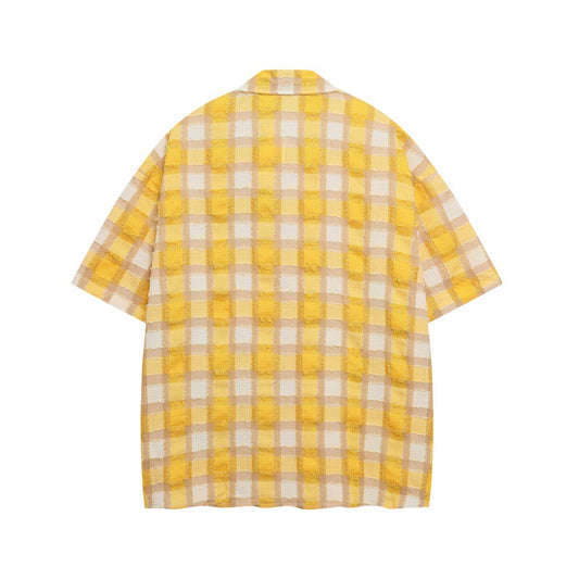 Cat Cartoon Plaid Short Sleeve Shirt - Harajuku Style