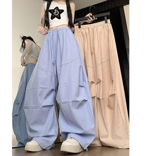 Blue Striped Hanging Wide Leg Casual Pants for Women