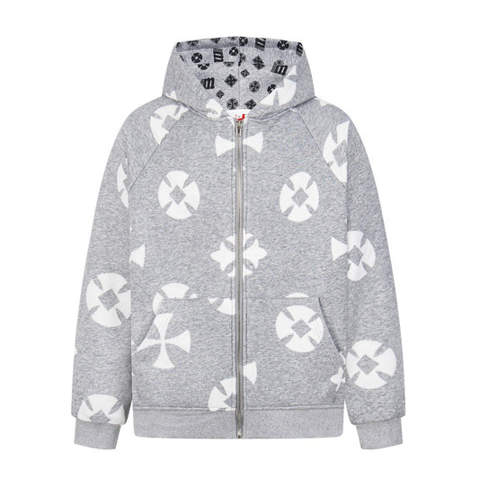 Cross Printed Pattern with Fleece Hooded Jacket
