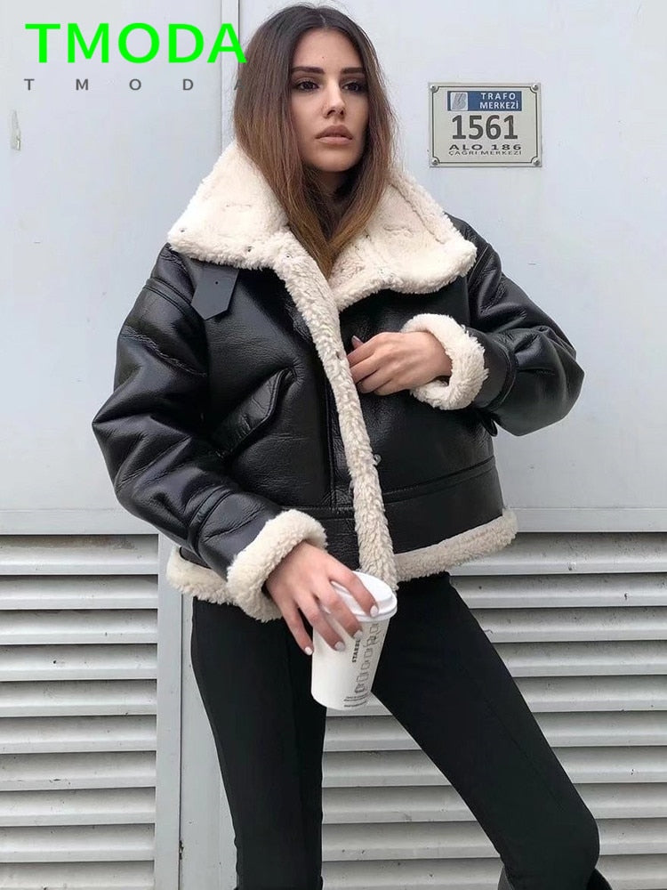 Chic Women’s Faux Leather Shearling Jacket - Harajuku Style