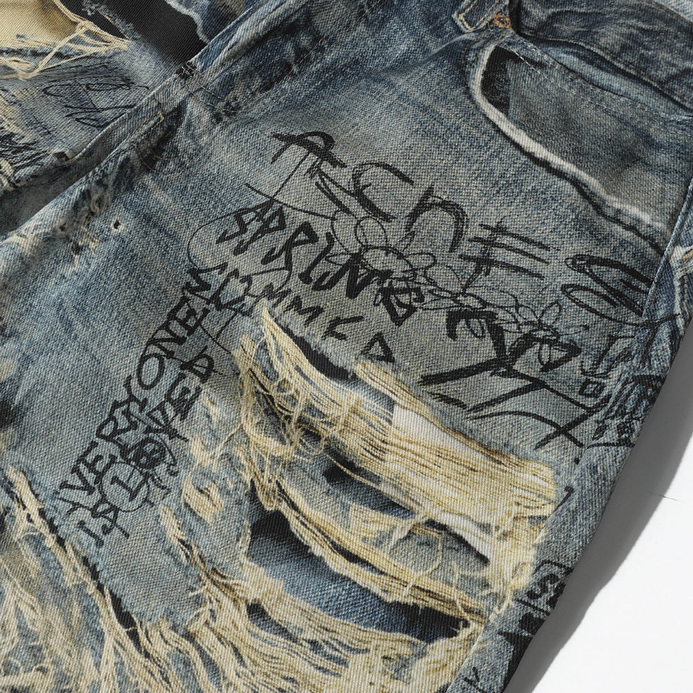Graffiti Distressed 3D Denim Pants - Unique Harajuku Streetwear
