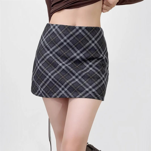 High Waisted Plaid Woolen Skirt for Women