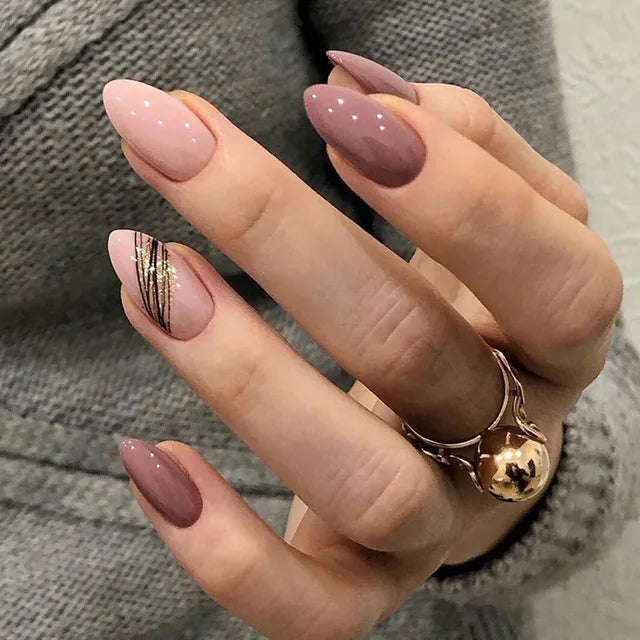 Almond Slant Gold Line Lotus Pink Fake Nails