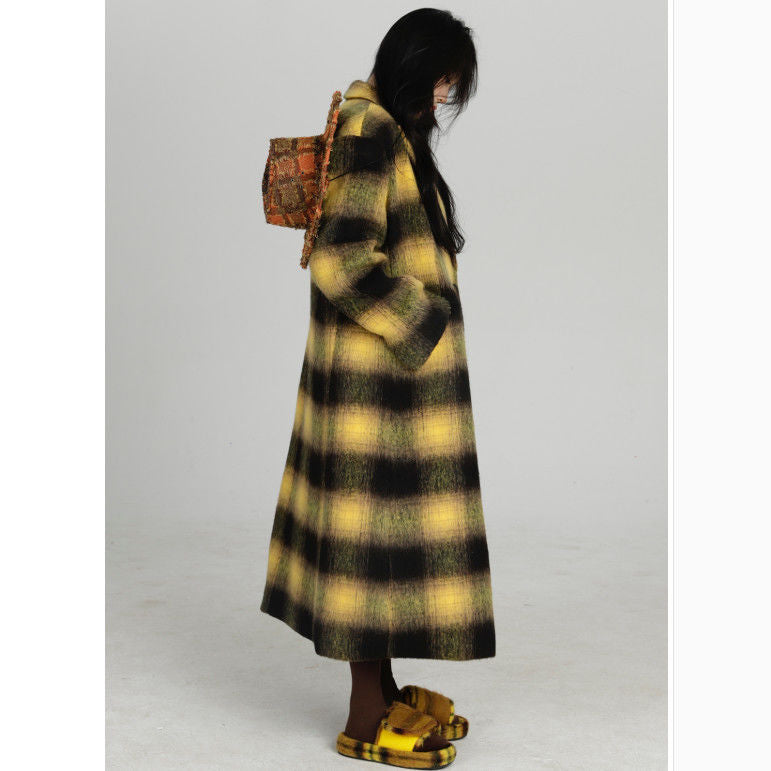 Chic Yellow Plaid Woolen Coat - Harajuku Style
