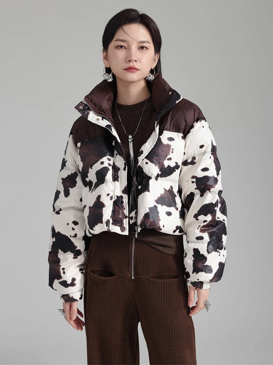 Harajuku Style Cow Pattern Cotton-Padded Coat with Stand Collar