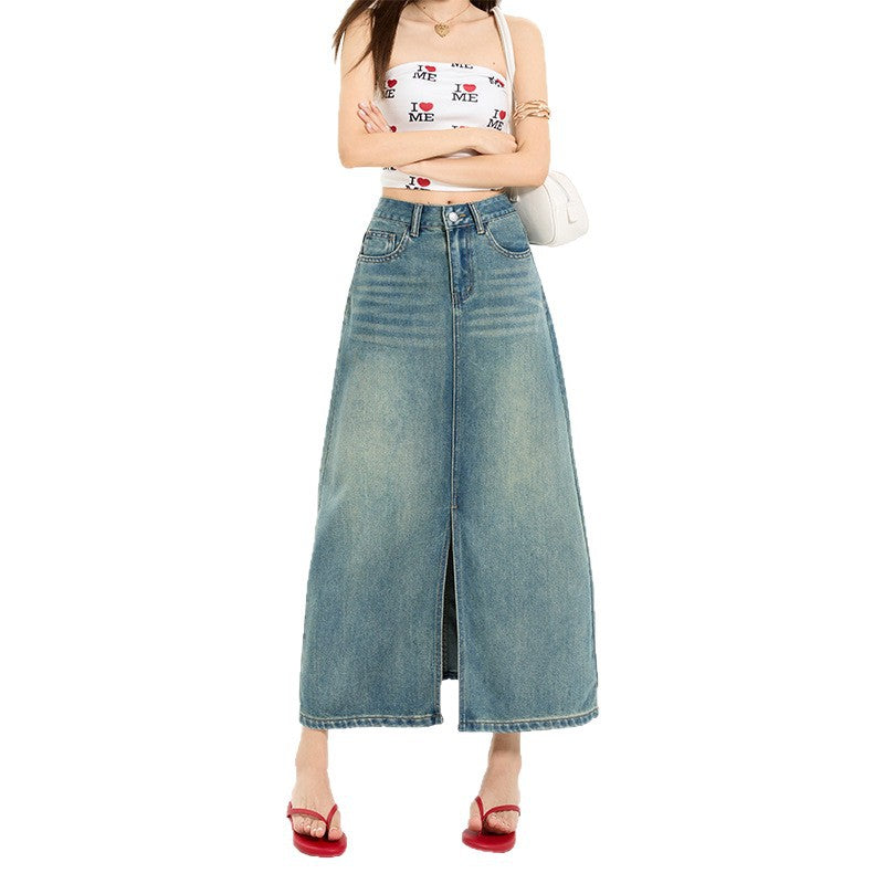 High Waist Slit Denim Skirt for Women - Mid-Length Vintage A-Line Fitted Design
