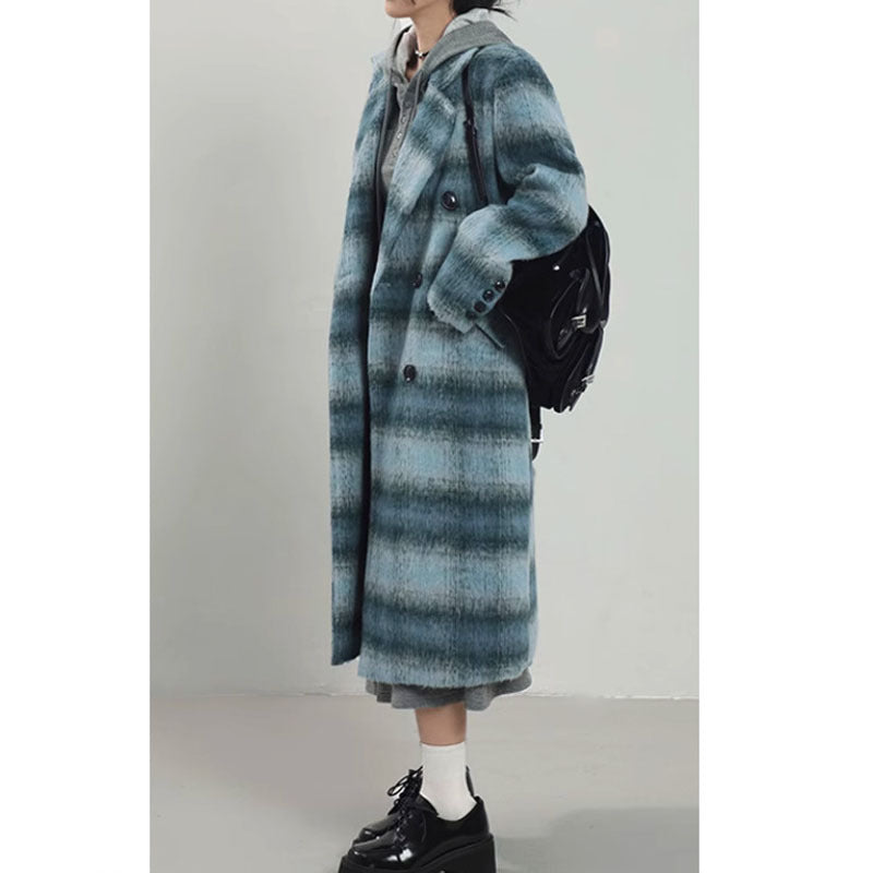 Korean Style Blue Plaid Woolen Overcoat for Women