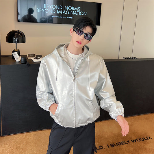 Oversized Waterproof Silver PU Leather Jacket for Men
