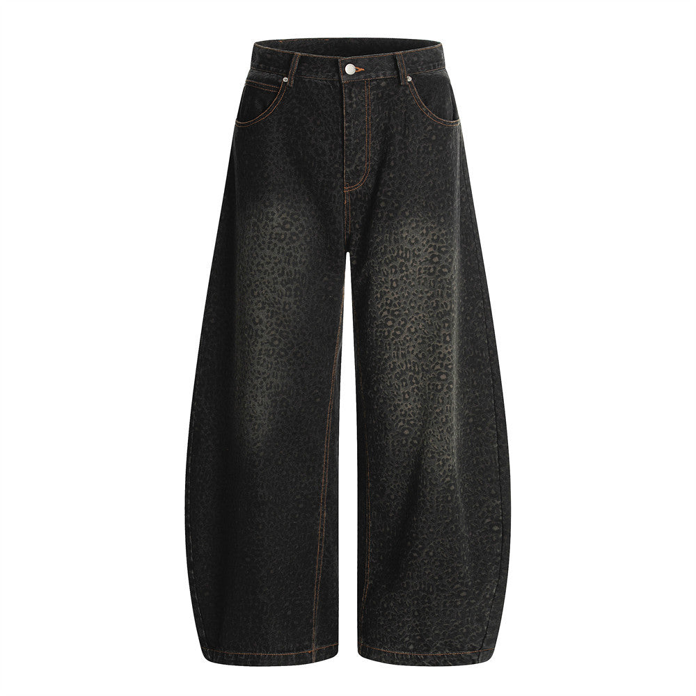 Retro Leopard Print Wide Leg Jeans for Men