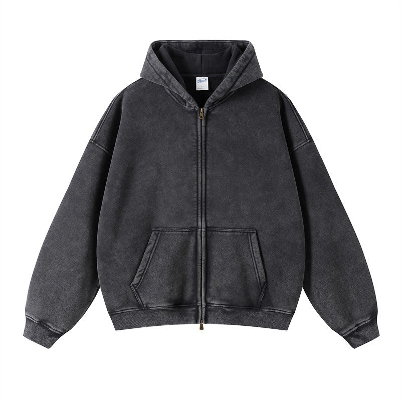 Men's Distressed Fleece Hoodie - Harajuku Style Zipper Sweatshirt