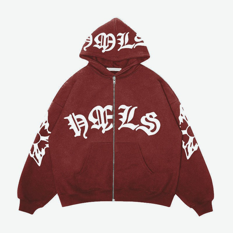 Gothic Letter Printed Oversized Zipper Hoodie
