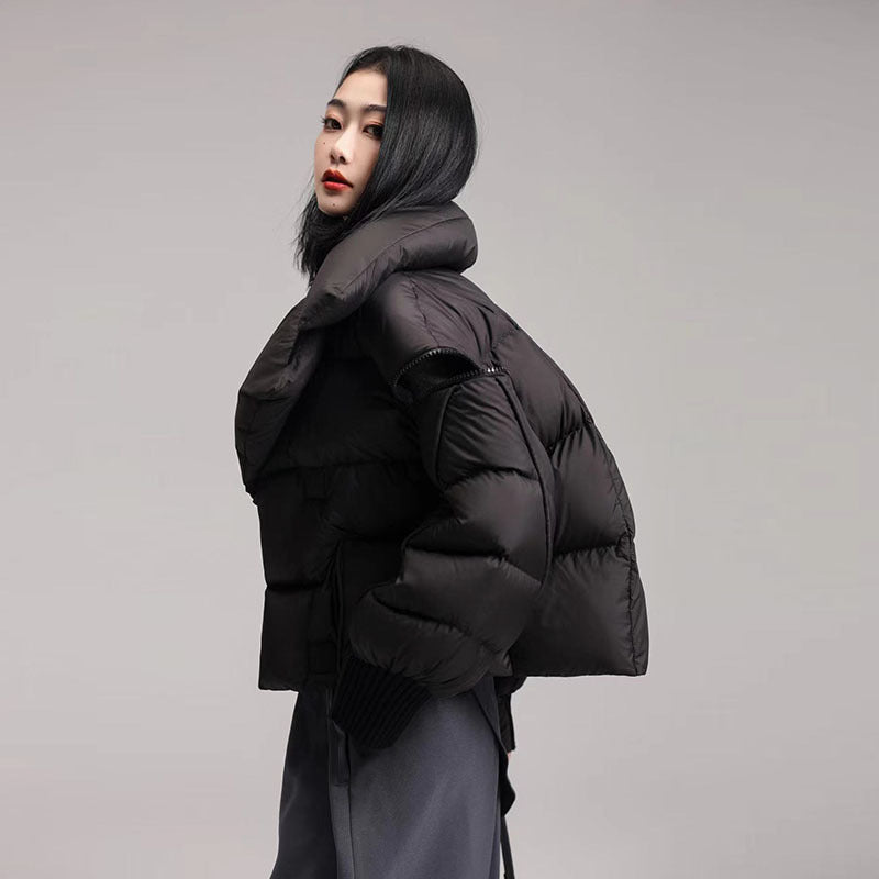 Spliced Lapel Down Jacket with Magnetic Buckle