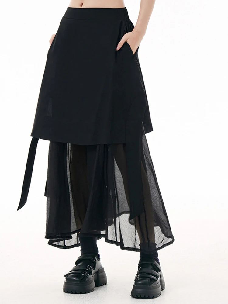 Harajuku Style High Elastic Waist Gray Ribbon Mesh Skirt