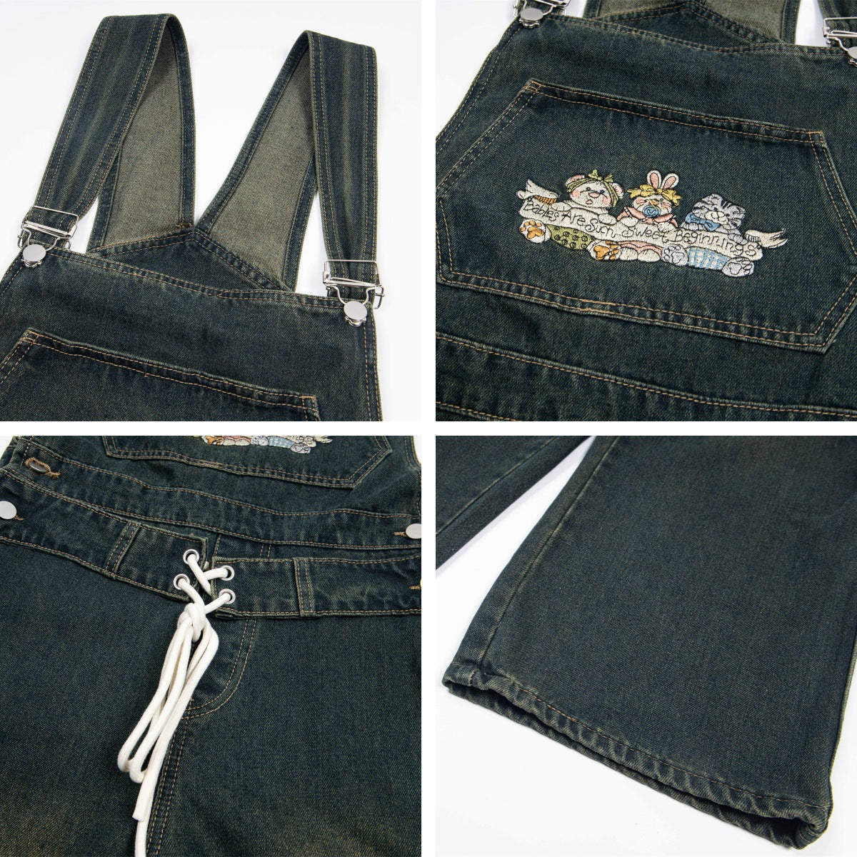 Harajuku Style Cartoon Embroidery Workwear Denim Overalls