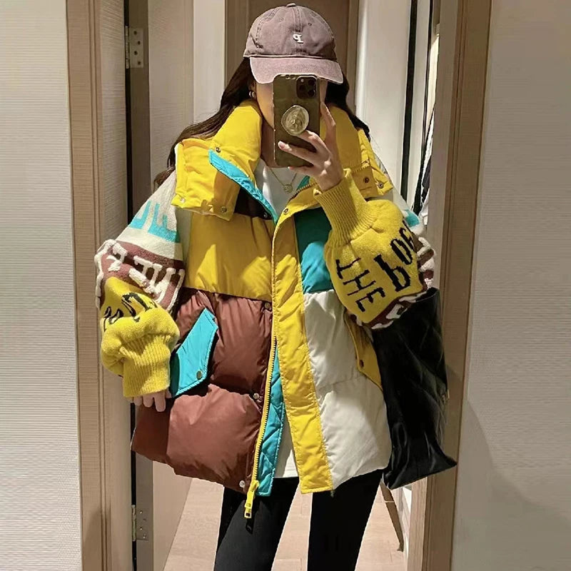 Harajuku Style Letter Stitched Down Jacket for Women